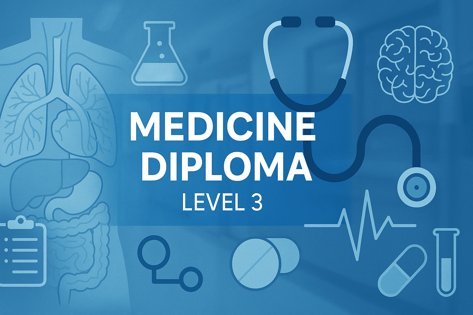 Professional banner showing medicine diploma concepts with anatomy diagrams, medical tools and clinical science graphics.