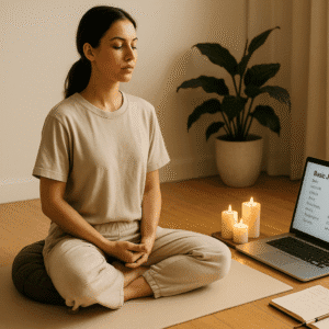 A peaceful meditation setup with a person practising mindfulness, soft lighting, candles, and minimal décor representing a meditation course.