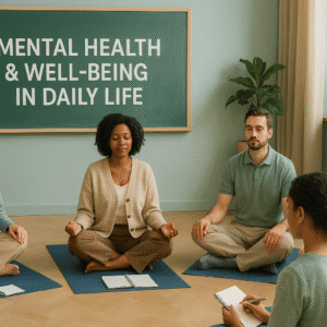 Students learning mindfulness and stress management for better mental health and well-being in daily life.