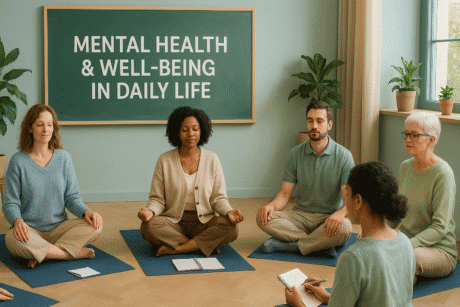 Students learning mindfulness and stress management for better mental health and well-being in daily life.