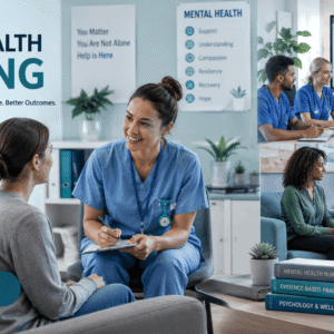 Mental health nurse supporting a patient in a professional Mental Health Nursing care environment