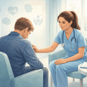 Mental health nursing showing a nurse supporting a patient in a calm clinical wellbeing environment