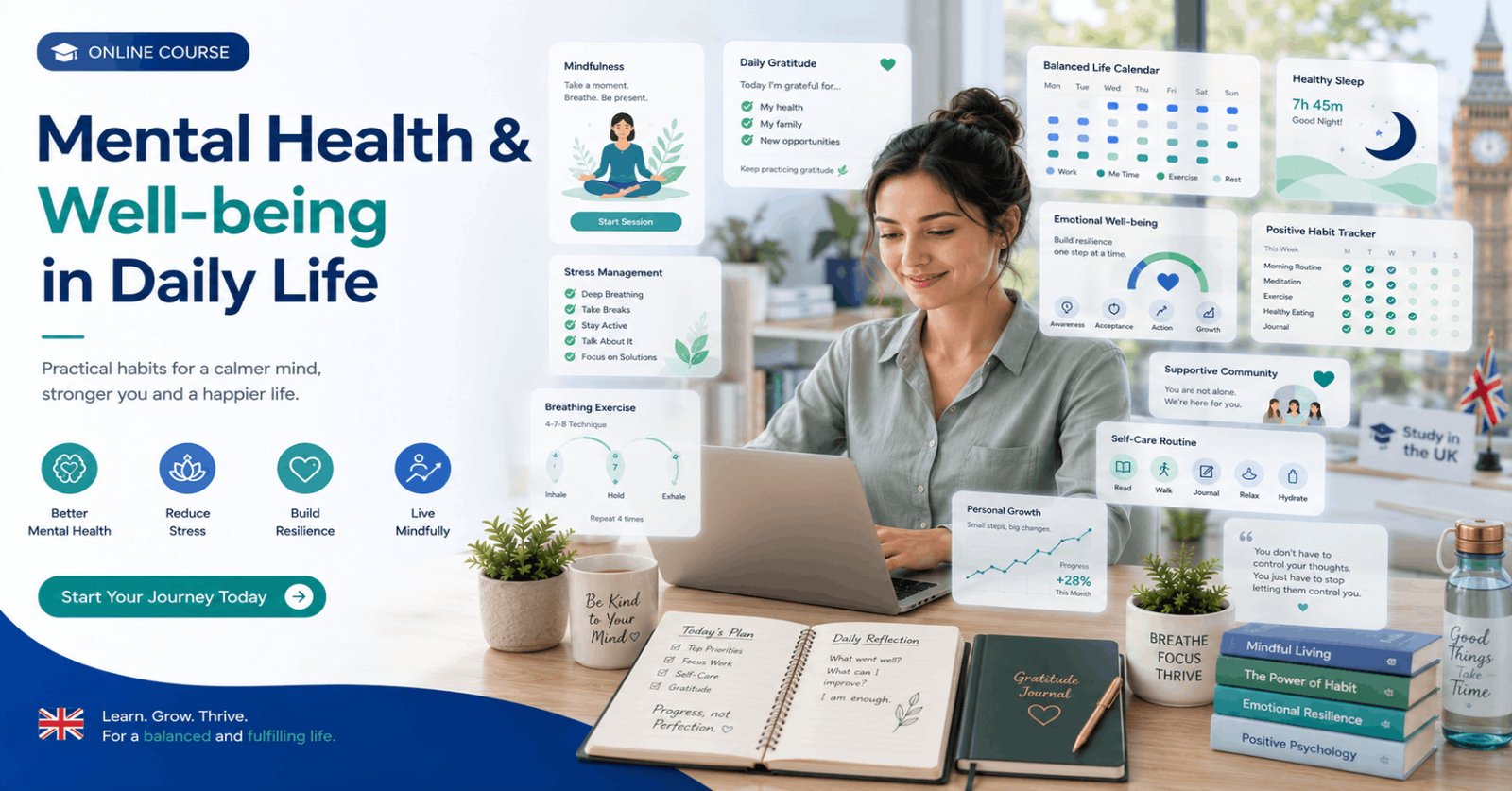 Professional Mental Health Wellbeing course featuring mindfulness, stress management, emotional resilience, and healthy lifestyle practices.
