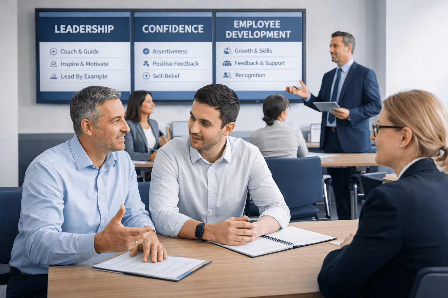 mentoring skills course showing professionals coaching, giving feedback and developing employees in a modern workplace