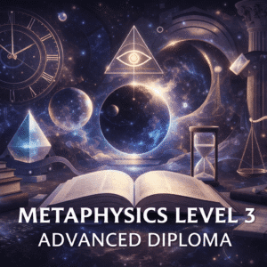 Metaphysics Level 3 Advanced Diploma visual showing philosophical symbols, abstract concepts of reality, time, and consciousness.