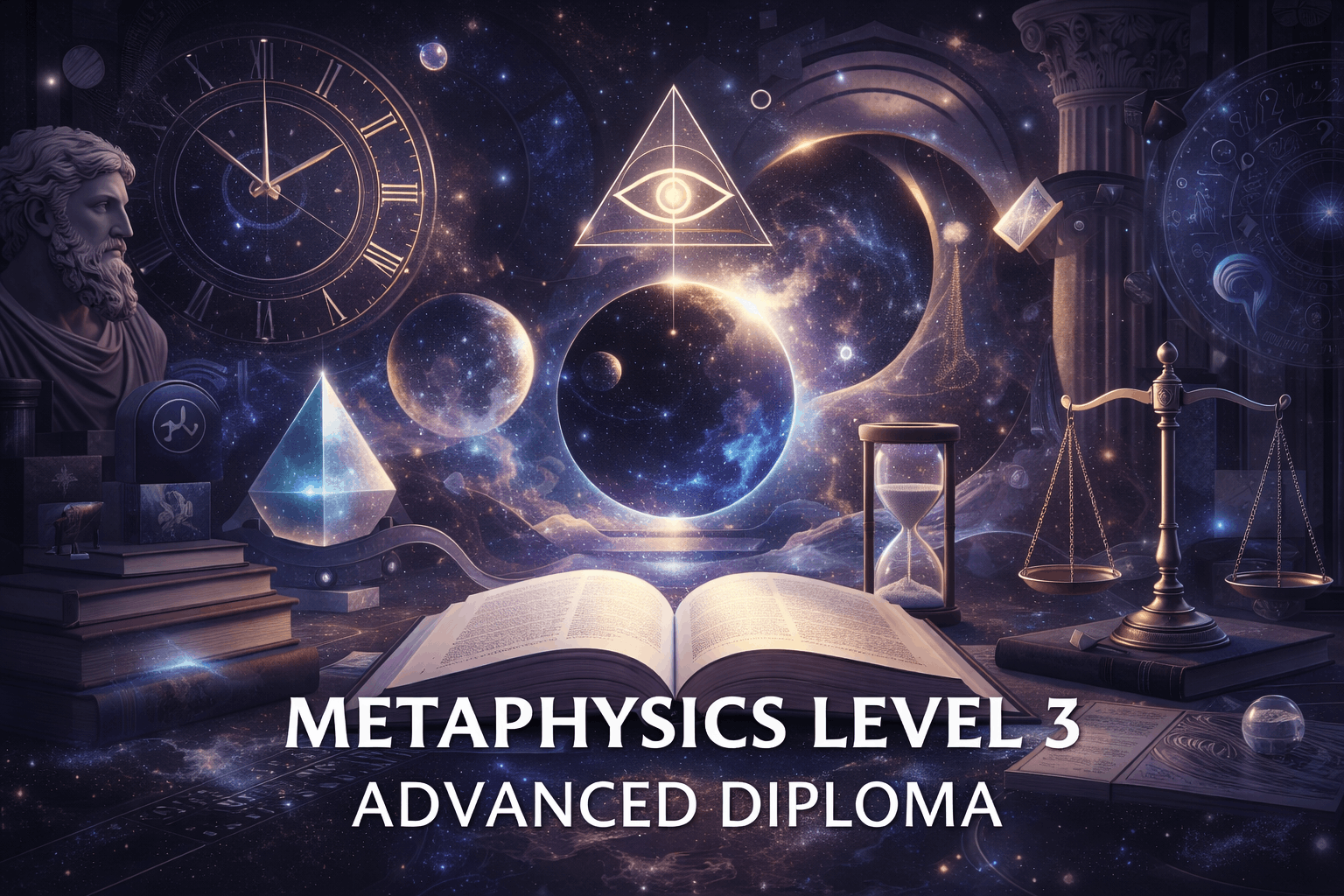 Metaphysics Level 3 Advanced Diploma visual showing philosophical symbols, abstract concepts of reality, time, and consciousness.