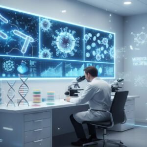 microbiology course showing microscopic bacteria, viruses and laboratory analysis in a scientific learning environment