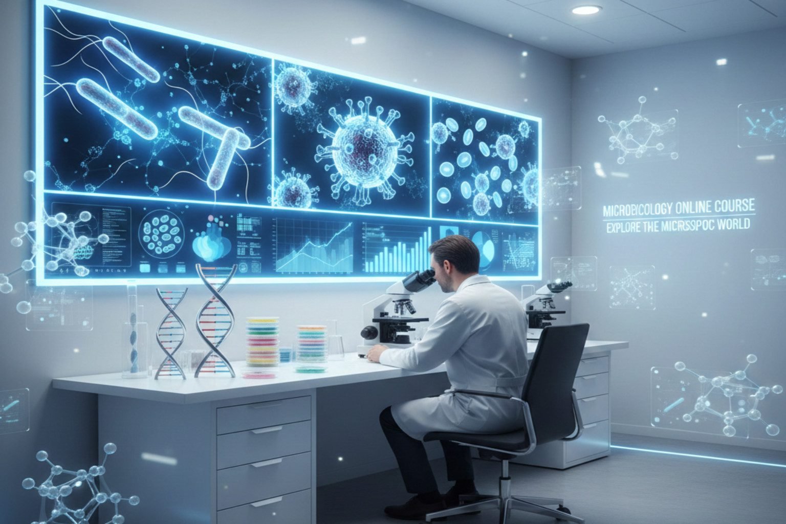 microbiology course showing microscopic bacteria, viruses and laboratory analysis in a scientific learning environment