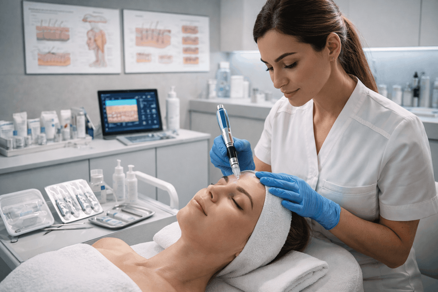 Aesthetic practitioner performing a professional microneedling procedure in a clinical setting as part of microneedling advanced diploma training.
