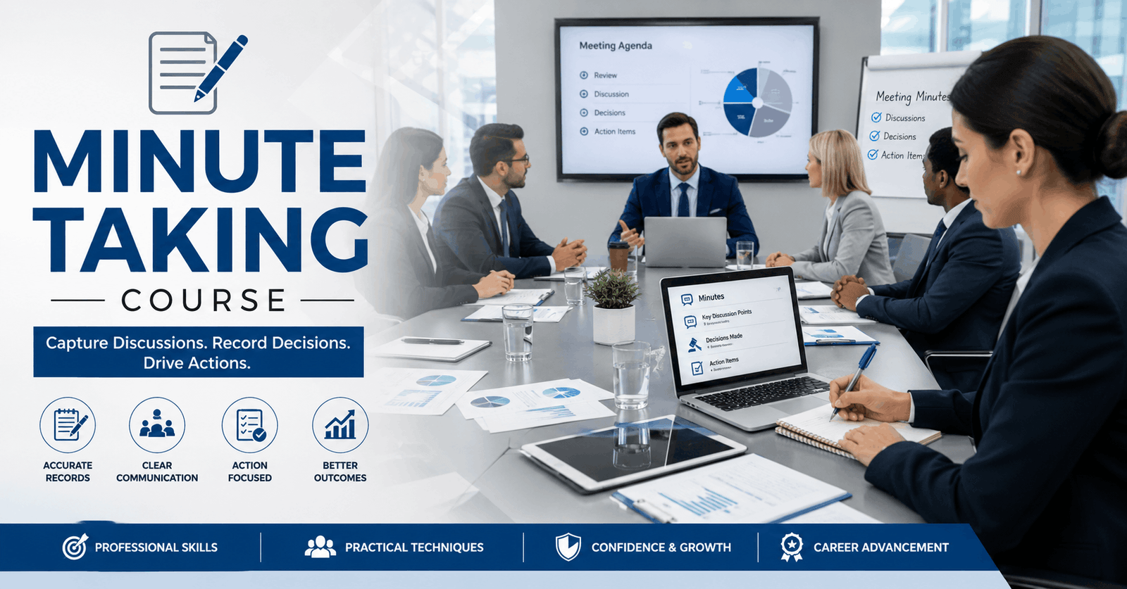 Professional minute taking course showing a meeting secretary recording accurate meeting minutes