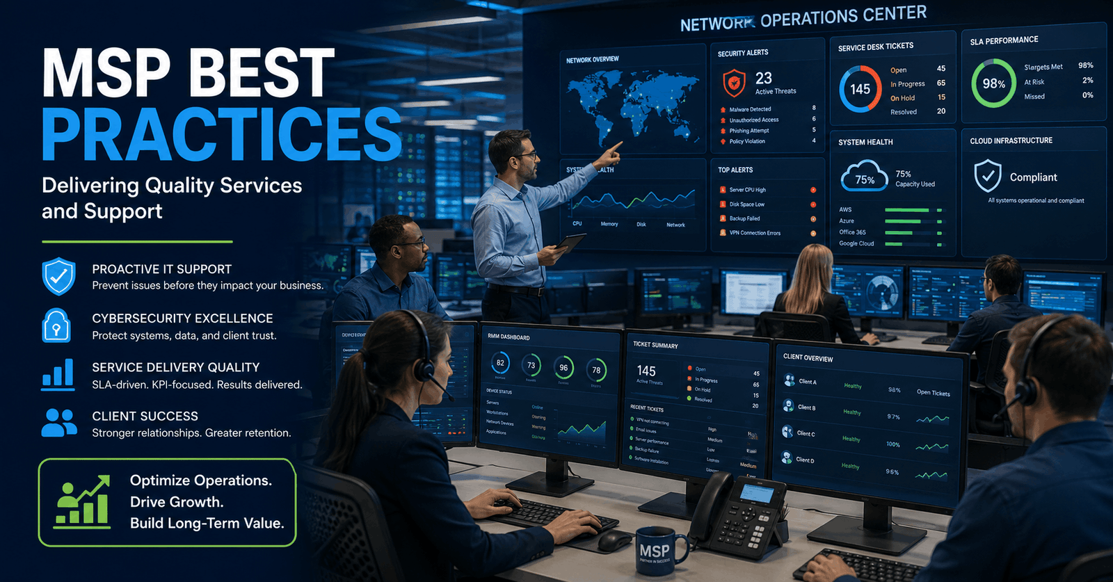 MSP Best Practices training showing IT service professionals managing client support, cybersecurity, and network operations