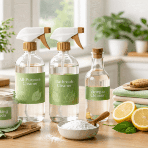 Natural home cleaning using eco-friendly products in a modern, clean household environment