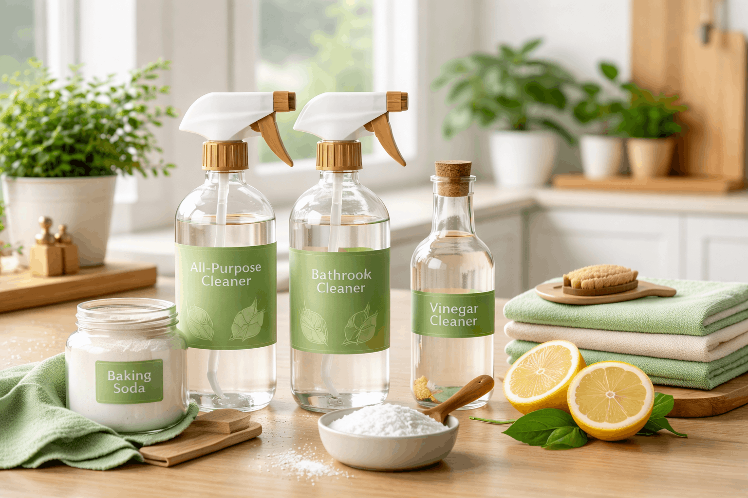 Natural home cleaning using eco-friendly products in a modern, clean household environment