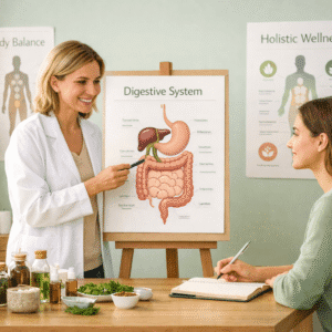 naturopathy training showing a holistic practitioner guiding a client using natural health and body balance methods