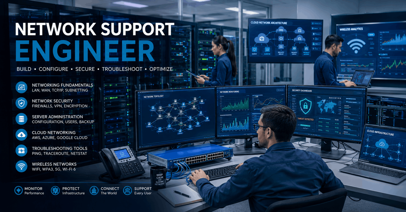Network Support Engineer monitoring enterprise networks and troubleshooting connectivity issues