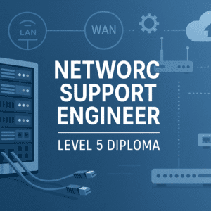 Network Support Engineer Level 5 Diploma banner showing network diagrams, servers, switches, cables, and cybersecurity icons in a modern layout.