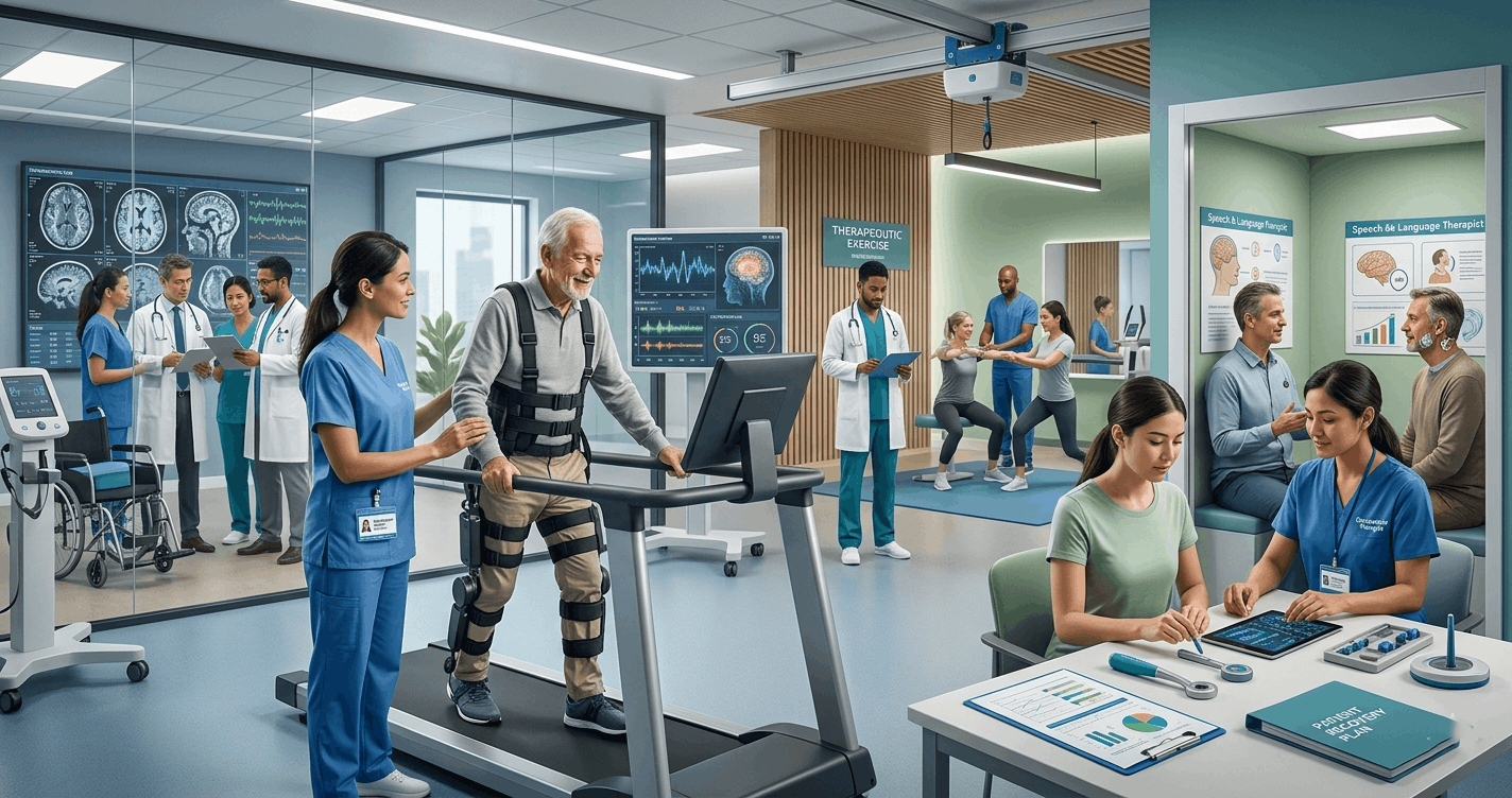 Healthcare professionals delivering neurological rehabilitation therapy to support patient recovery and mobility