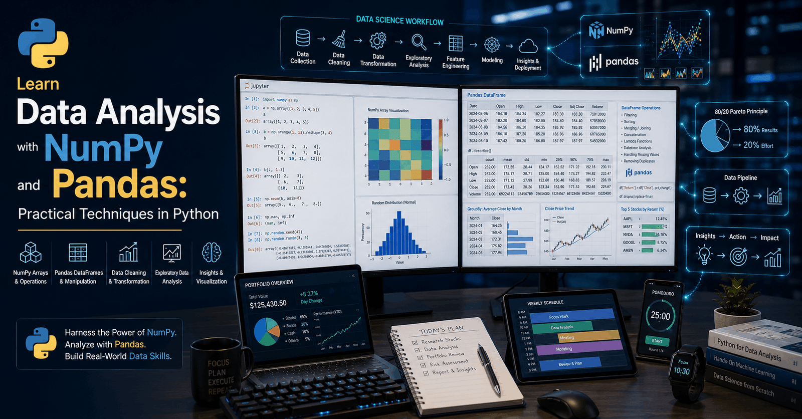 Data analyst using NumPy Pandas Python with Jupyter Notebook, DataFrames, arrays and analytics dashboards.
