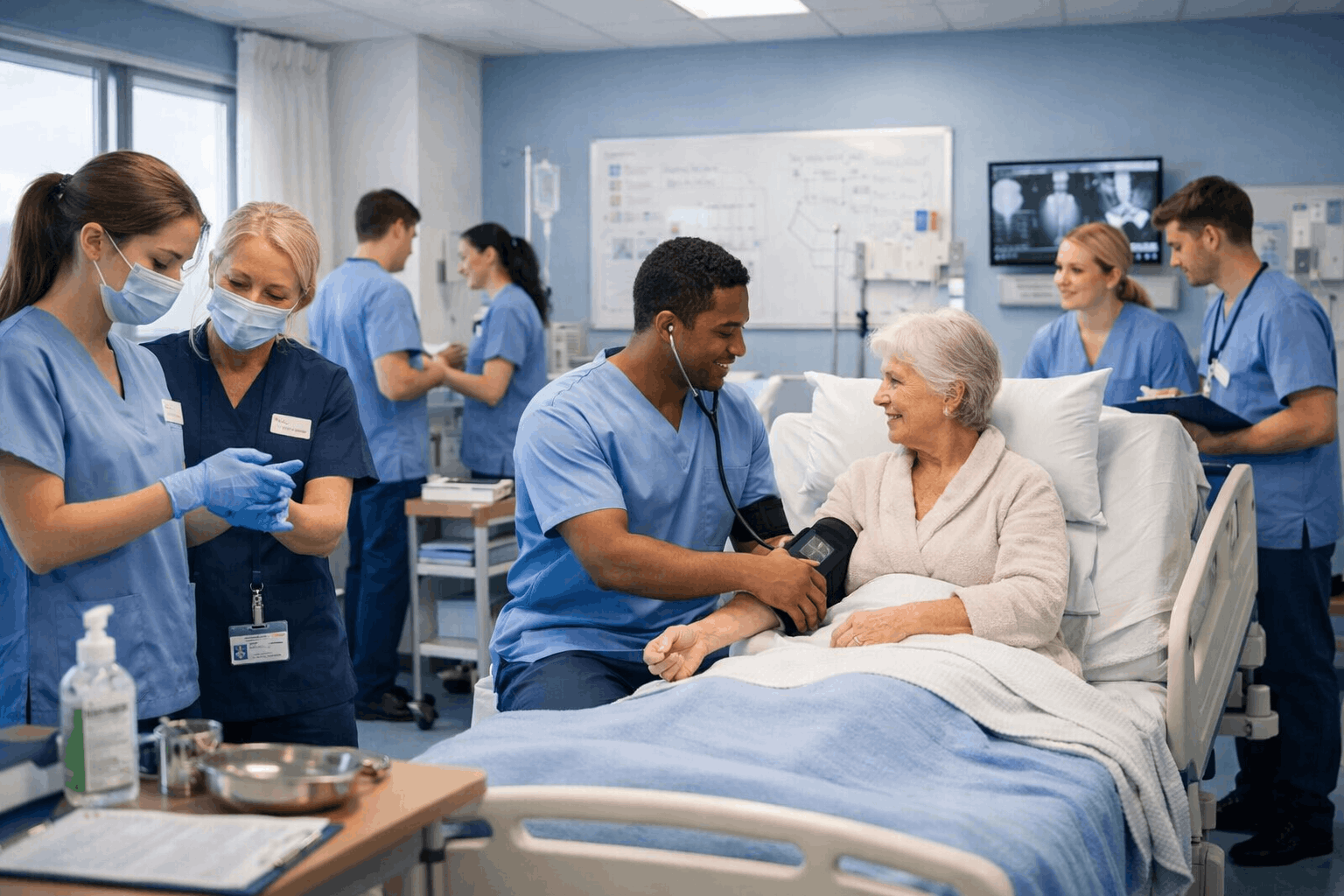 Nursing Assistant Course training environment showing nurses learning hygiene, patient care, and infection control in a UK healthcare setting