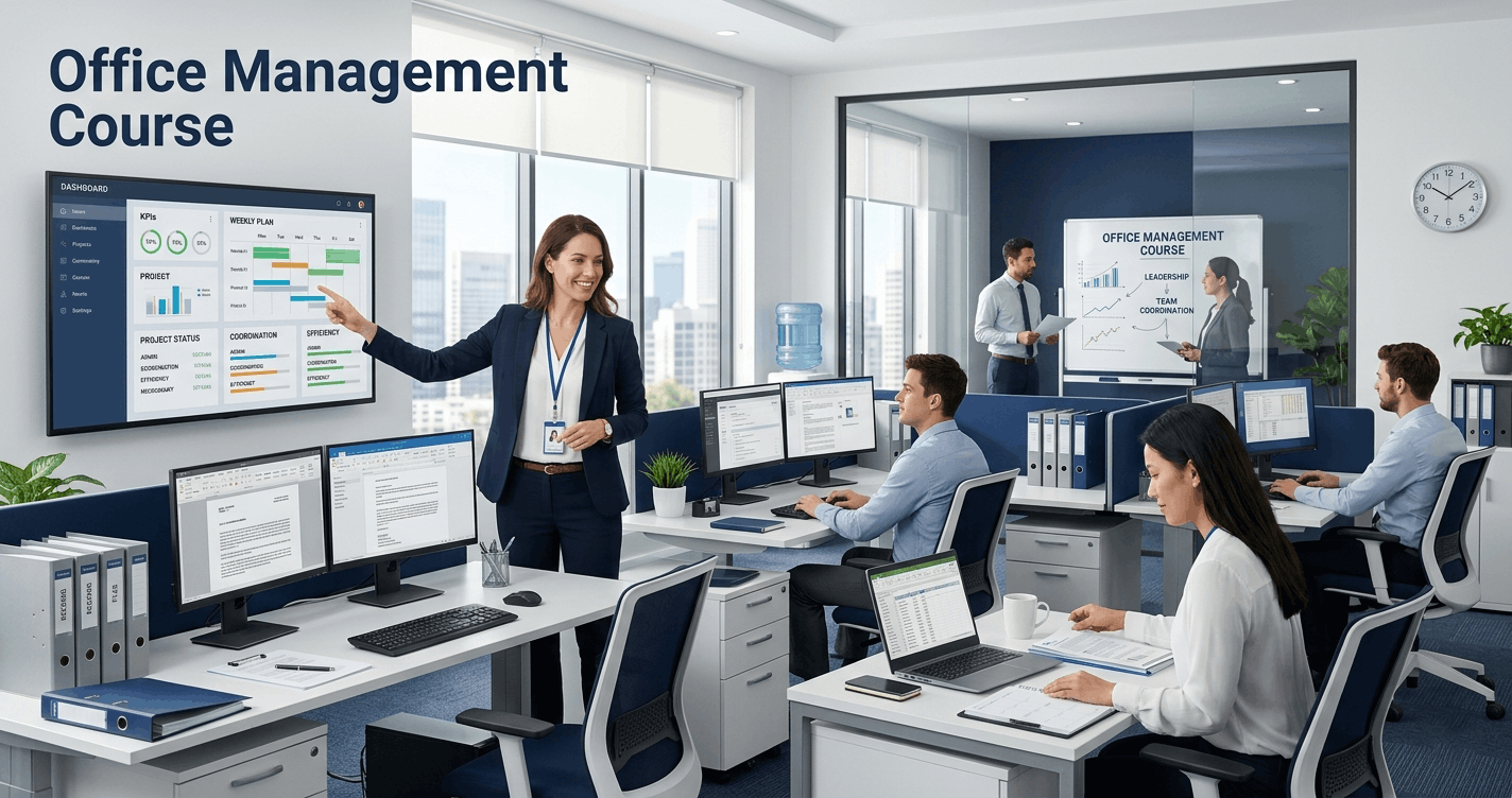 Professional office manager leading a team in a modern workplace during an Office Management Course