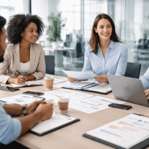 Office Skills Training showing professionals working together on administration, communication, and planning tasks in a modern office.