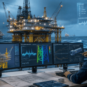 Engineers performing offshore structural analysis on an offshore platform using advanced simulation technology