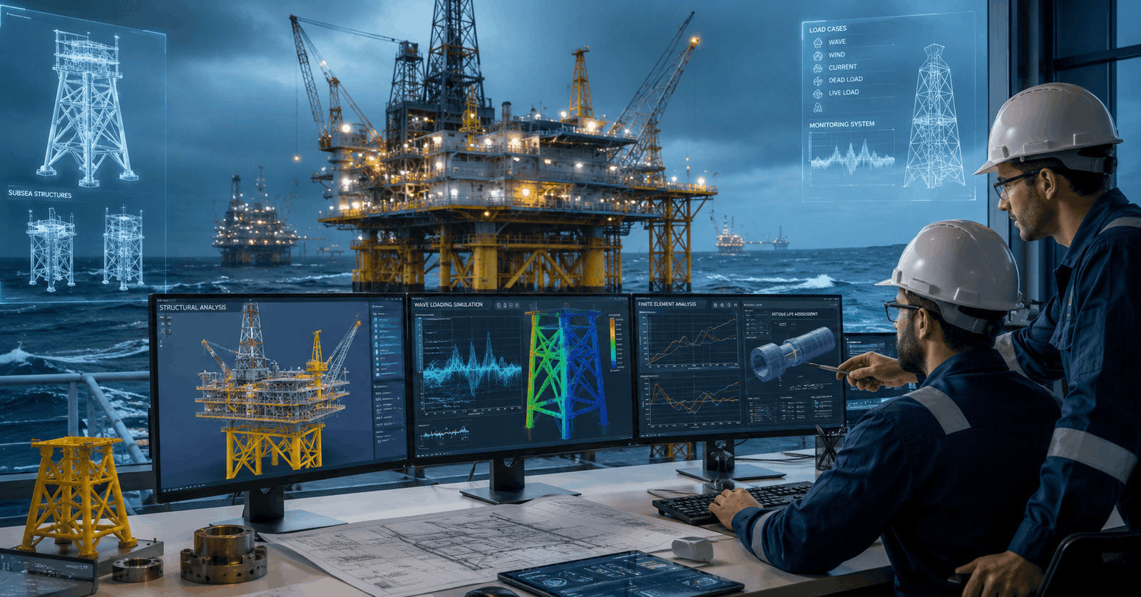 Engineers performing offshore structural analysis on an offshore platform using advanced simulation technology