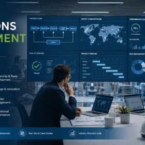 Professionals analysing workflows and supply chains in an Operations Management Course environment