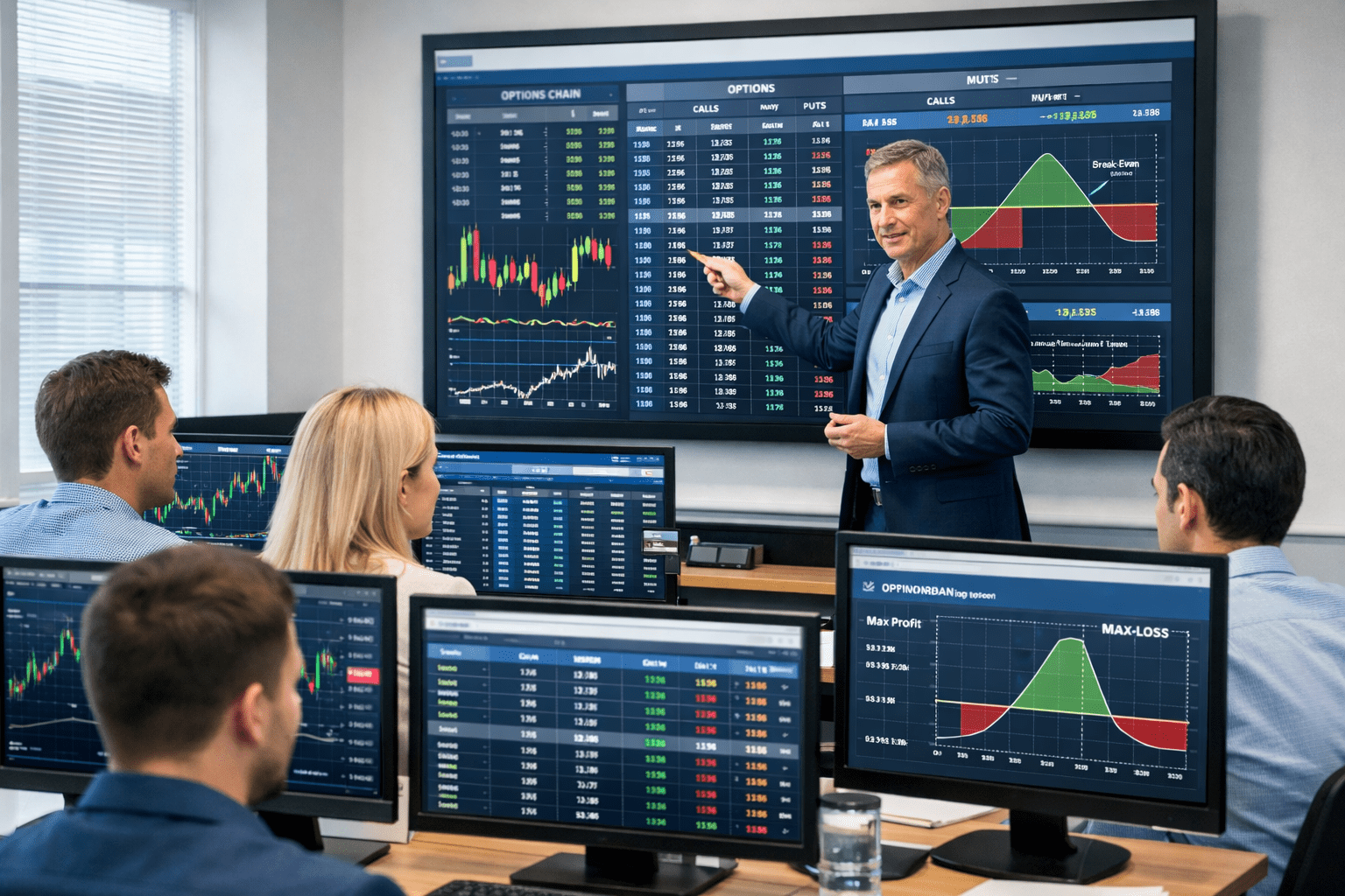 Options trading course showing traders analysing charts and option strategies on digital trading screens