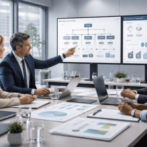 Business strategy workshop showing organisational design strategy, structures, control systems, and leadership planning