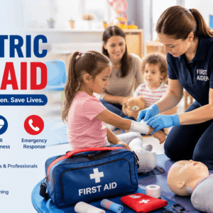 Paediatric First Aid training showing a first aider caring for a child during a medical emergency