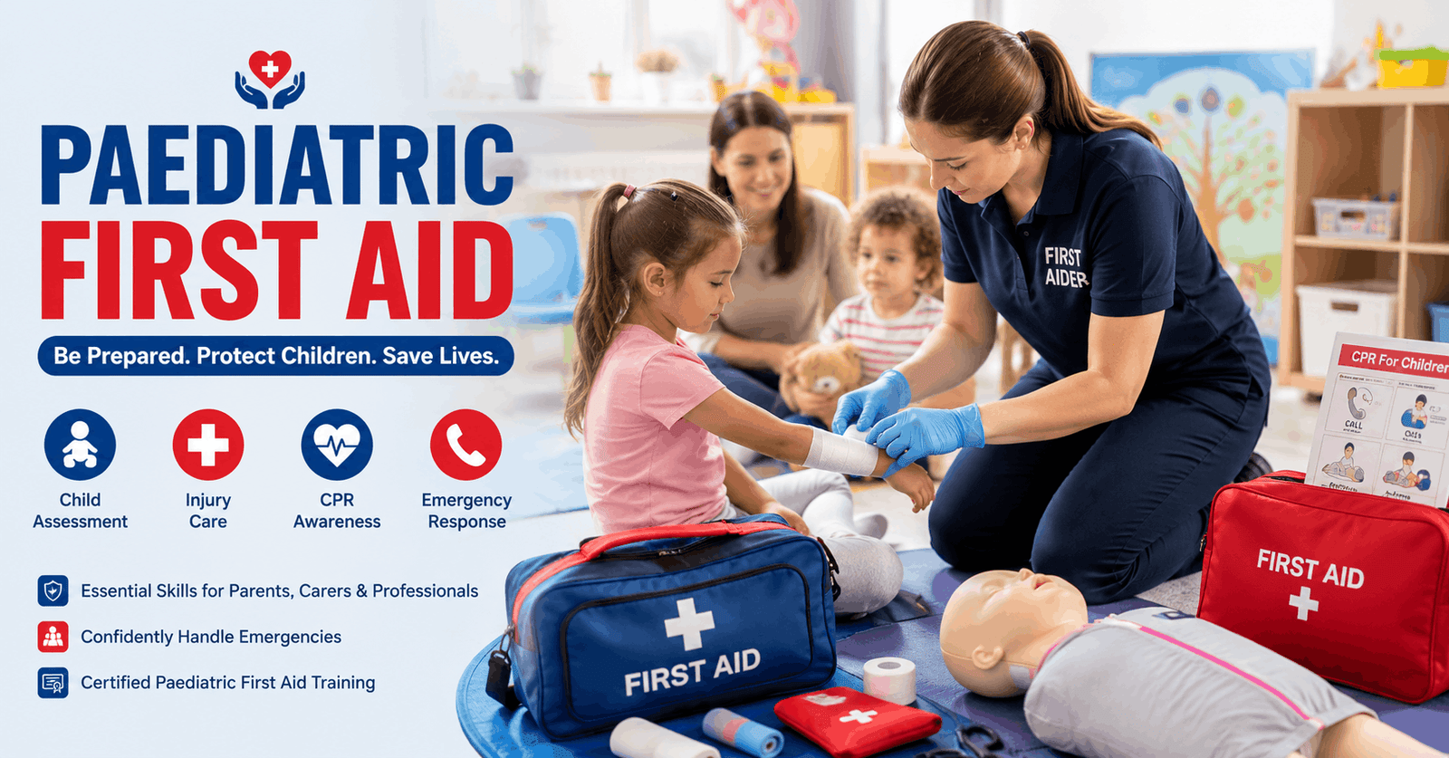Paediatric First Aid training showing a first aider caring for a child during a medical emergency