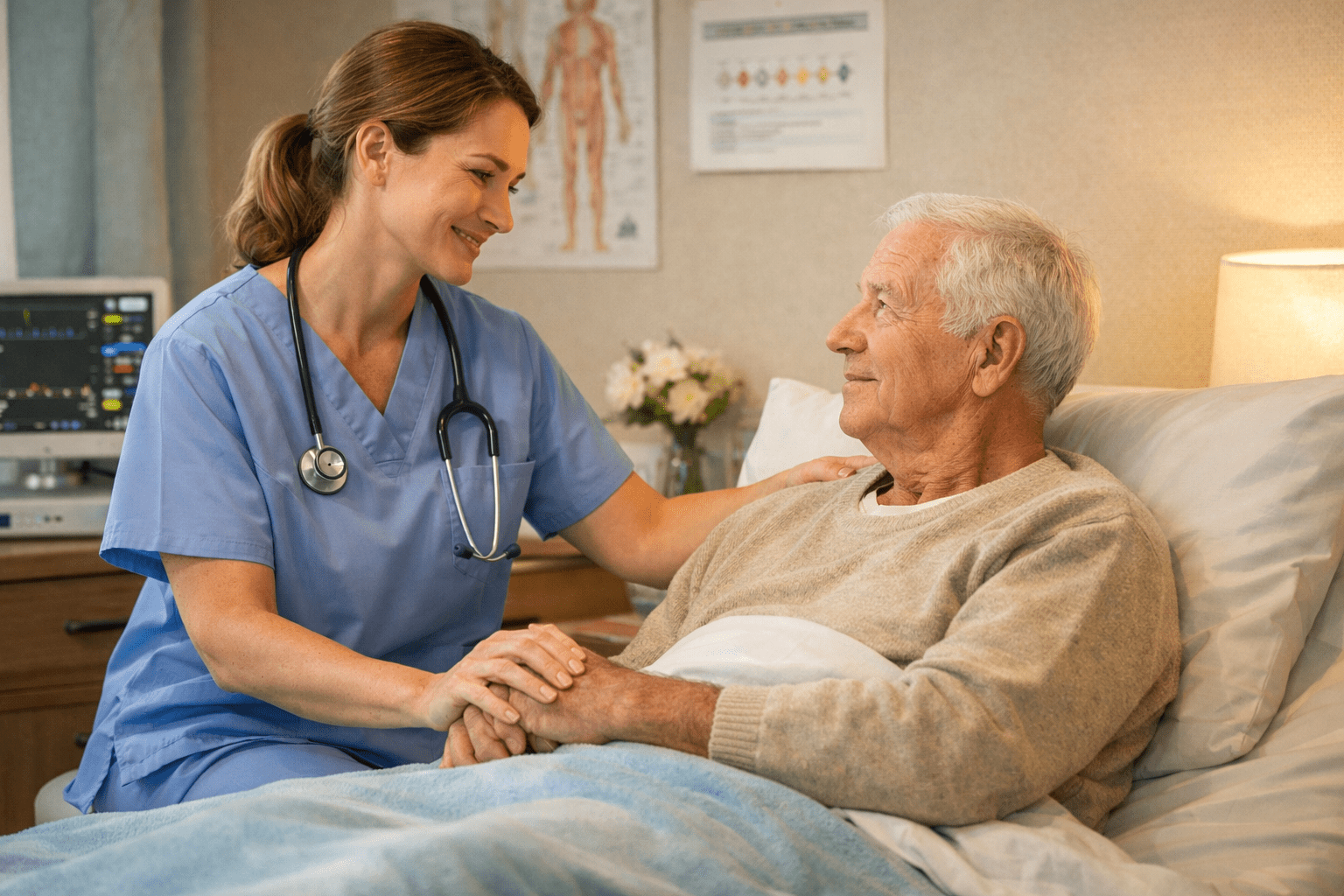 Professional nurse providing compassionate support during palliative care training in a calm healthcare setting