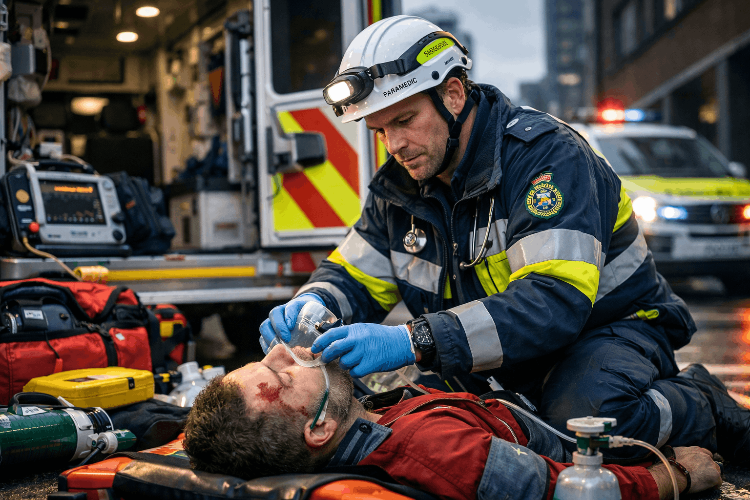 Professional paramedic providing emergency medical care during a real-life response scenario for Paramedic Diploma Level 3 training