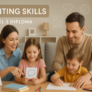 Parenting Skills banner showing parents interacting warmly with children, learning development and communication strategies.
