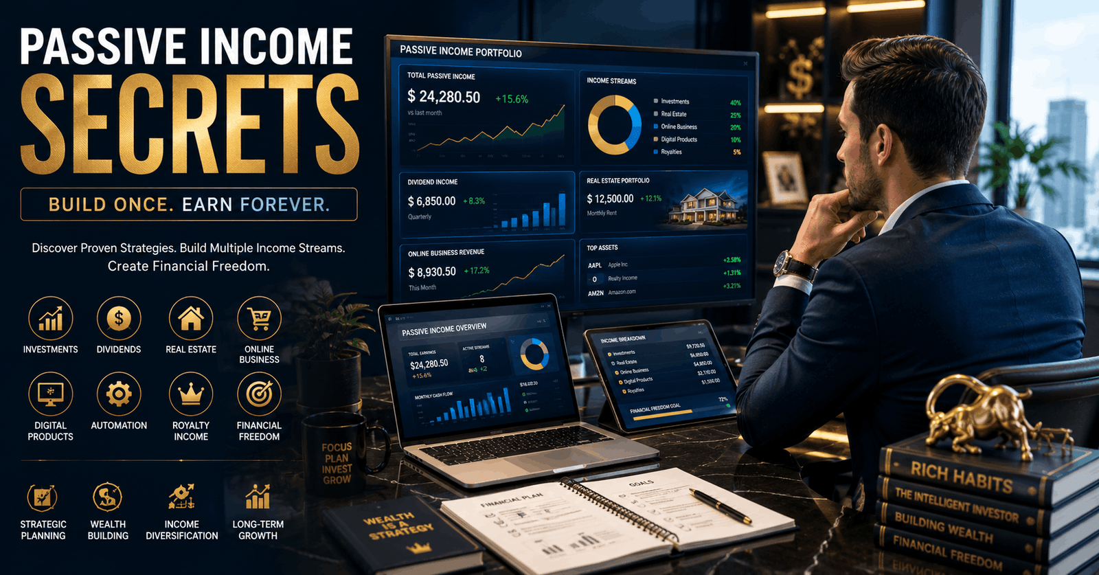 Passive Income Secrets course showing wealth-building strategies, investments, and income portfolio planning