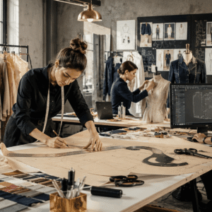 Fashion designer creating garment templates in a Pattern Cutting Course using professional pattern-making tools