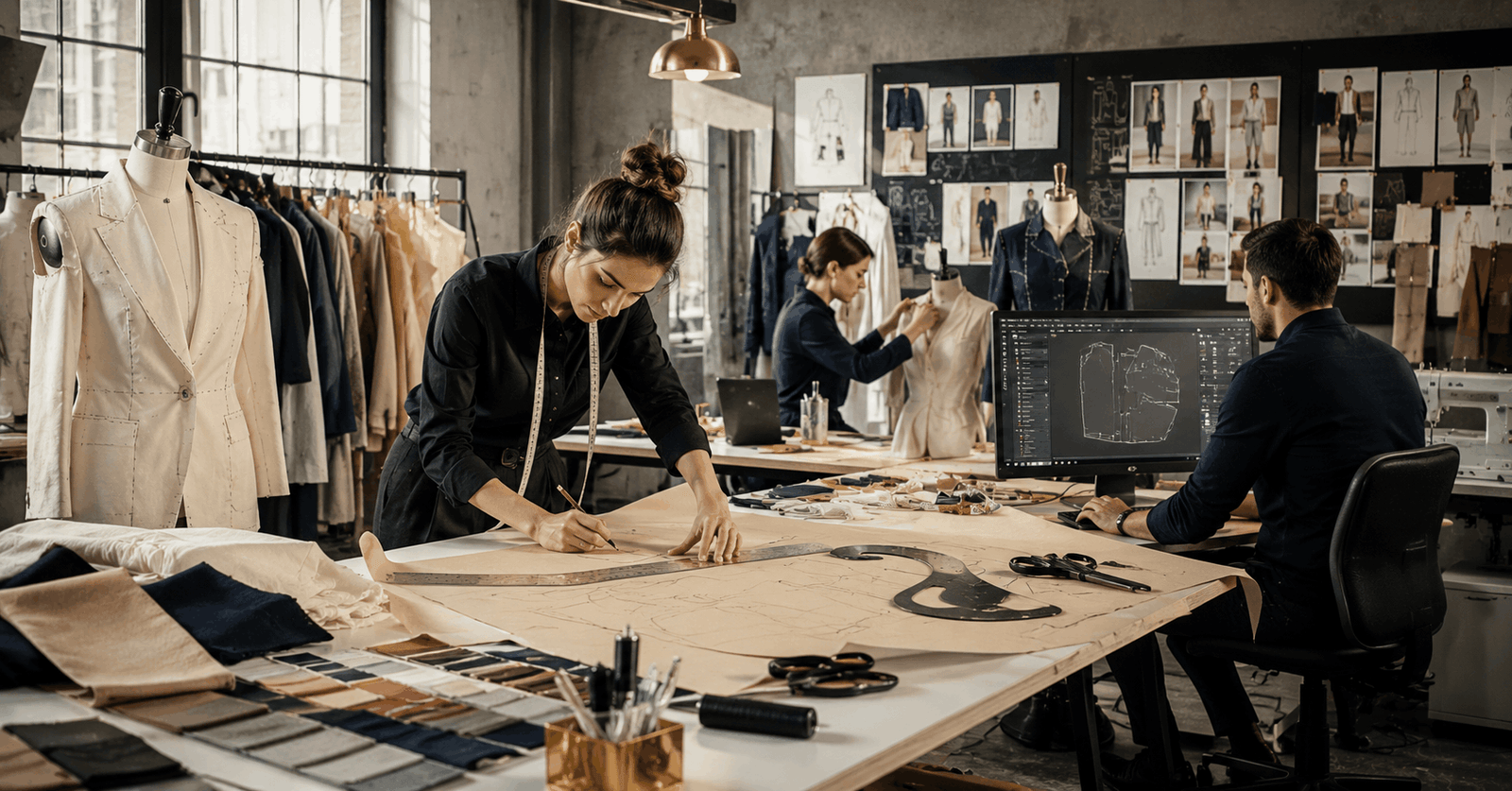 Fashion designer creating garment templates in a Pattern Cutting Course using professional pattern-making tools