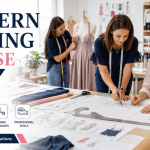 Fashion student working on pattern templates during a Pattern Cutting Course with sewing tools and fabric materials