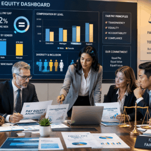 Professionals reviewing workplace salary data and policies for Pay Equity Diploma training and fair compensation
