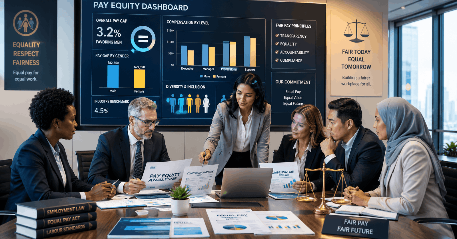 Professionals reviewing workplace salary data and policies for Pay Equity Diploma training and fair compensation