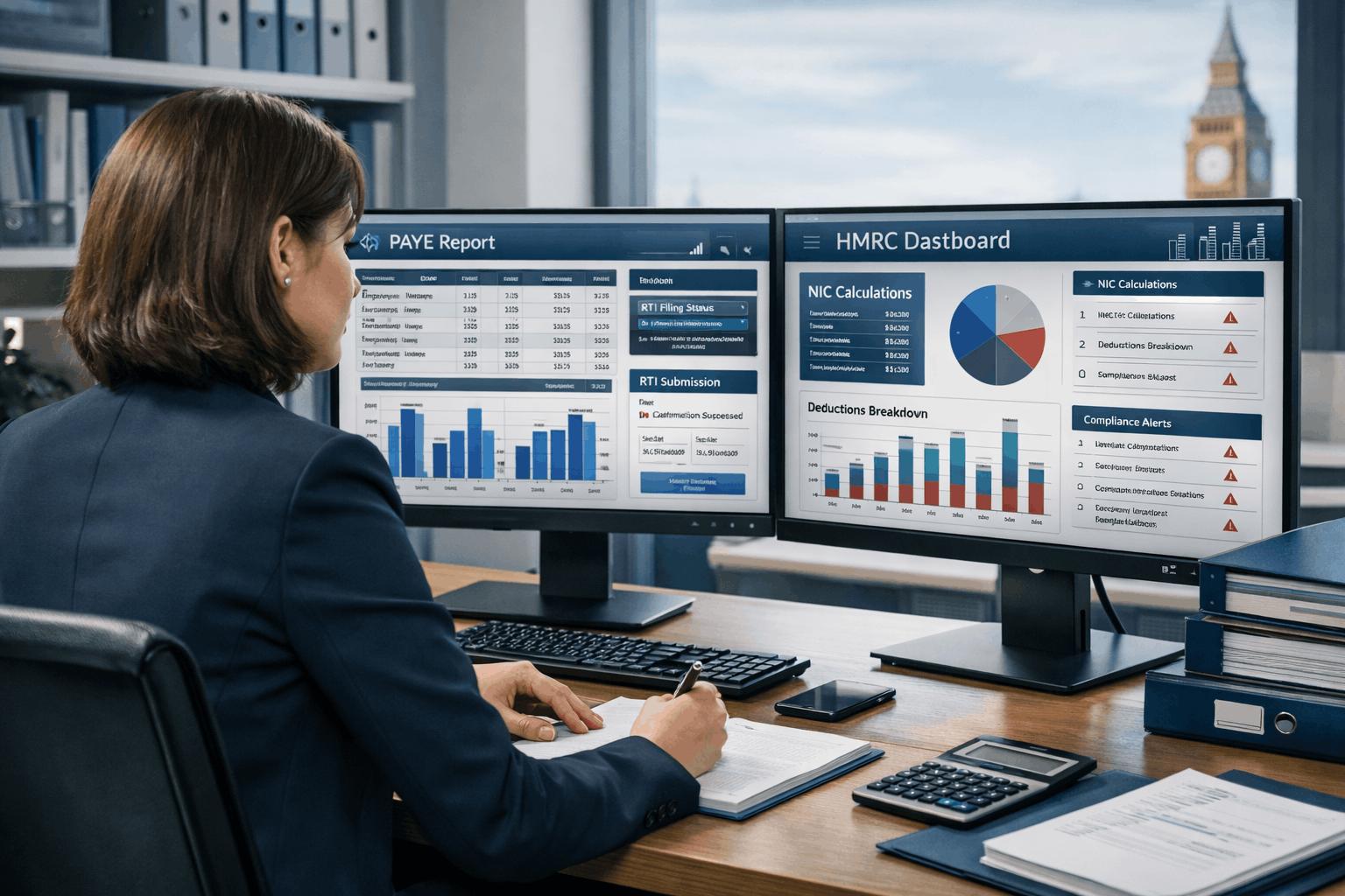 Professional payroll administrator working with UK payroll systems, PAYE reports, and HMRC compliance dashboards in a modern office environment.