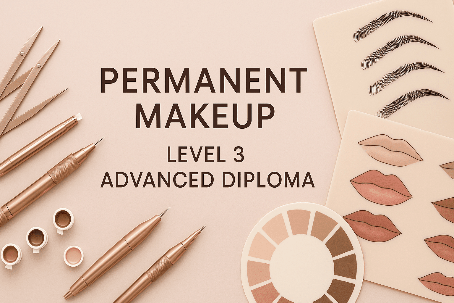 Permanent Makeup Diploma banner showing advanced brow, lip and eyeliner techniques with professional tools and clean studio setup.