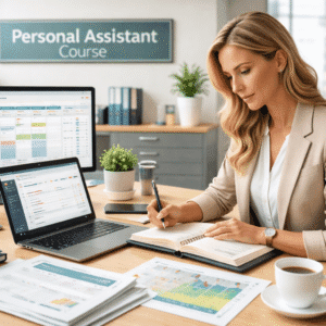 Office professional organising schedules and documents in a Personal Assistant Course workspace