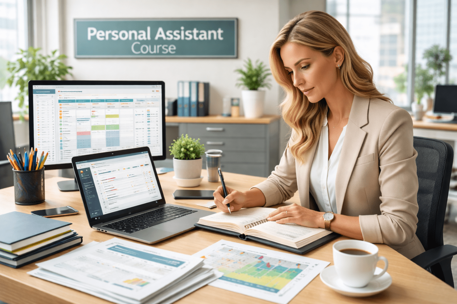 Office professional organising schedules and documents in a Personal Assistant Course workspace
