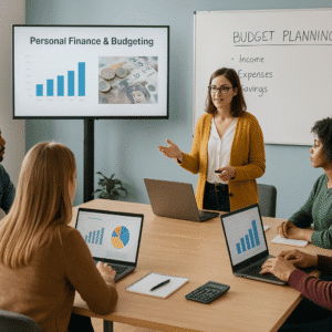 Instructor teaching personal finance and budgeting with UK money charts and calculators