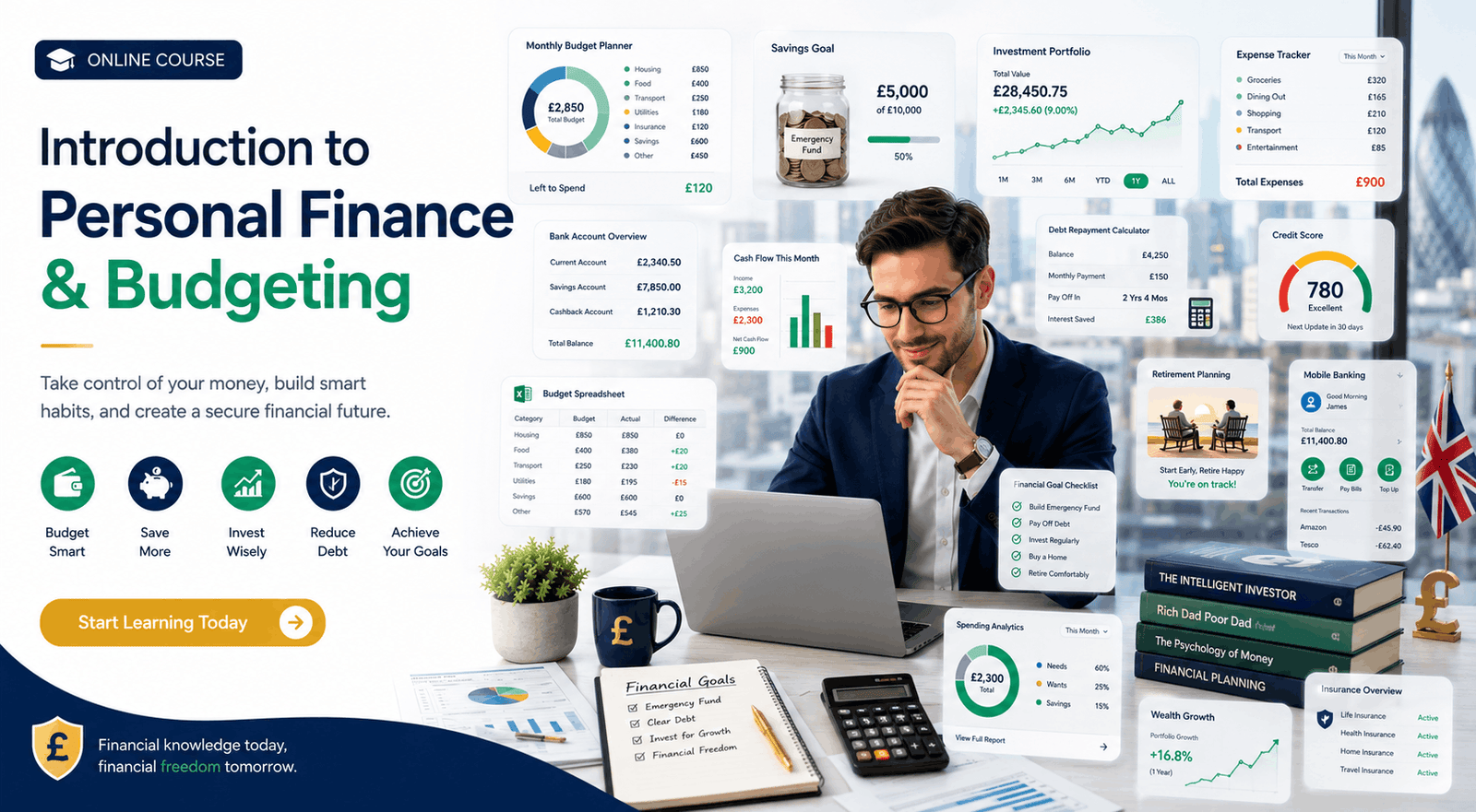 Professional Personal Finance Budgeting course featuring budgeting tools, savings, investing, financial planning, and expense tracking.