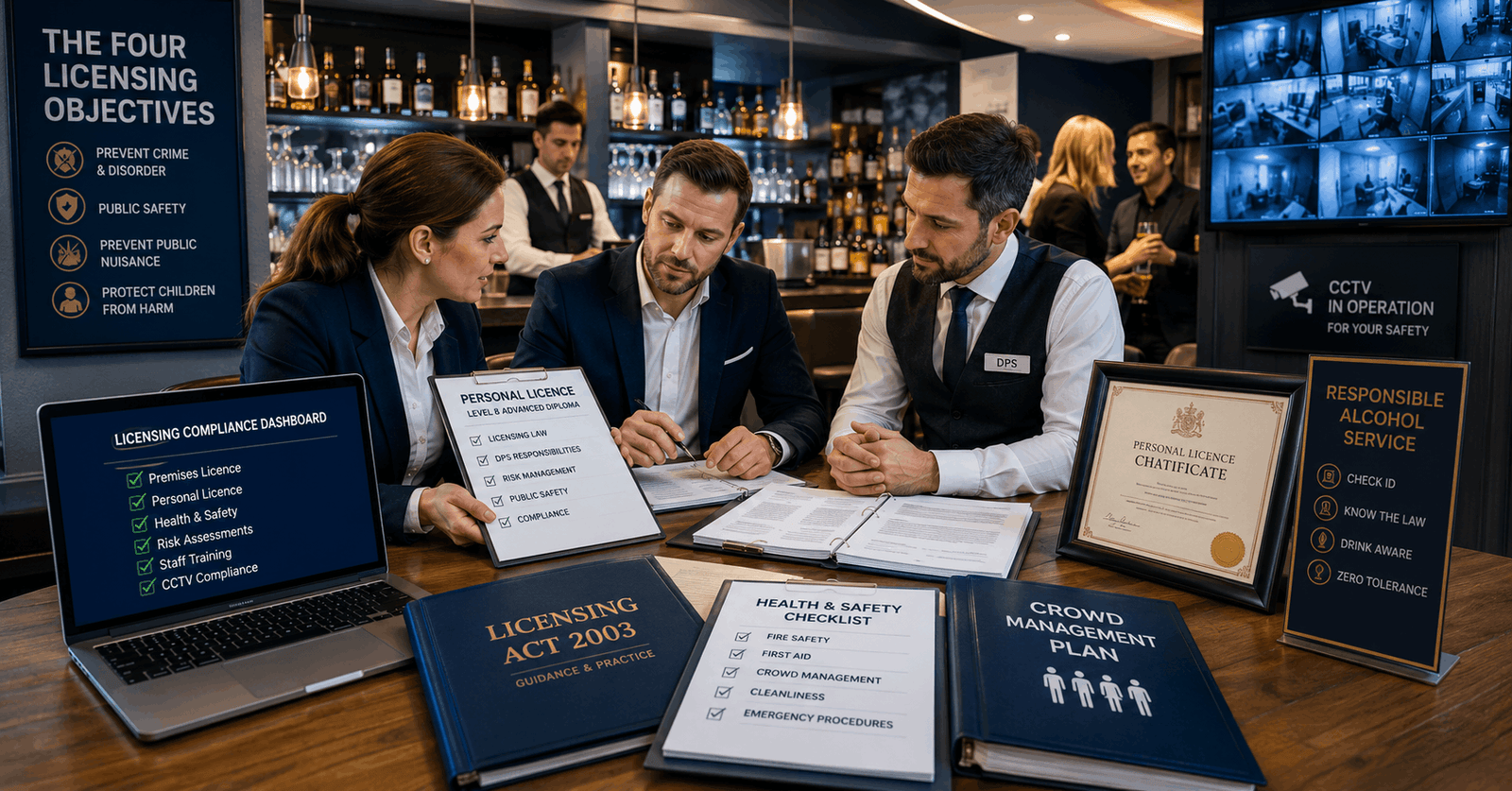 Personal Licence Course learner reviewing UK licensing regulations in a professional hospitality environment