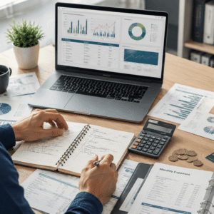 Personal Savings Course showing an individual managing finances, budgeting, and saving money