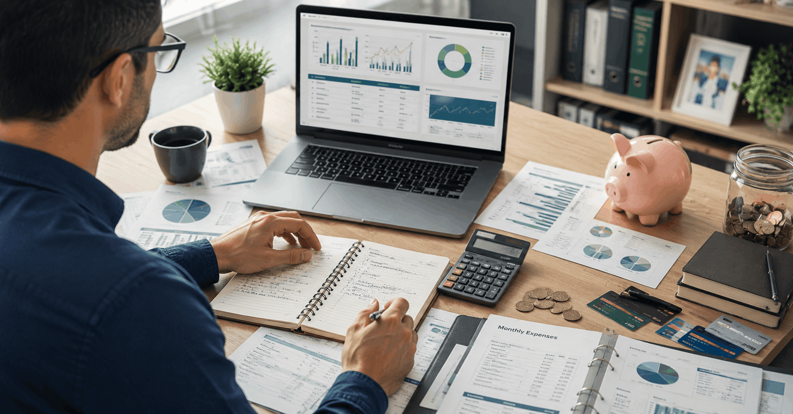Personal Savings Course showing an individual managing finances, budgeting, and saving money